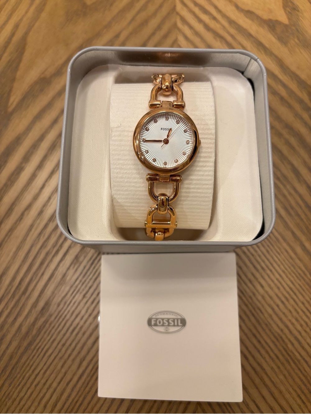NEW with tags: Fossil Gold-Tone Link Bracelet Watch with White Dial